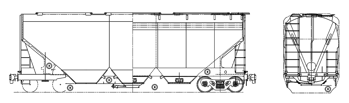 The 4250 Corn Covered Hopper Centerflow® railcar comes equipped with three 24”x10’4” elongated hatches and gravity outlet gates.
