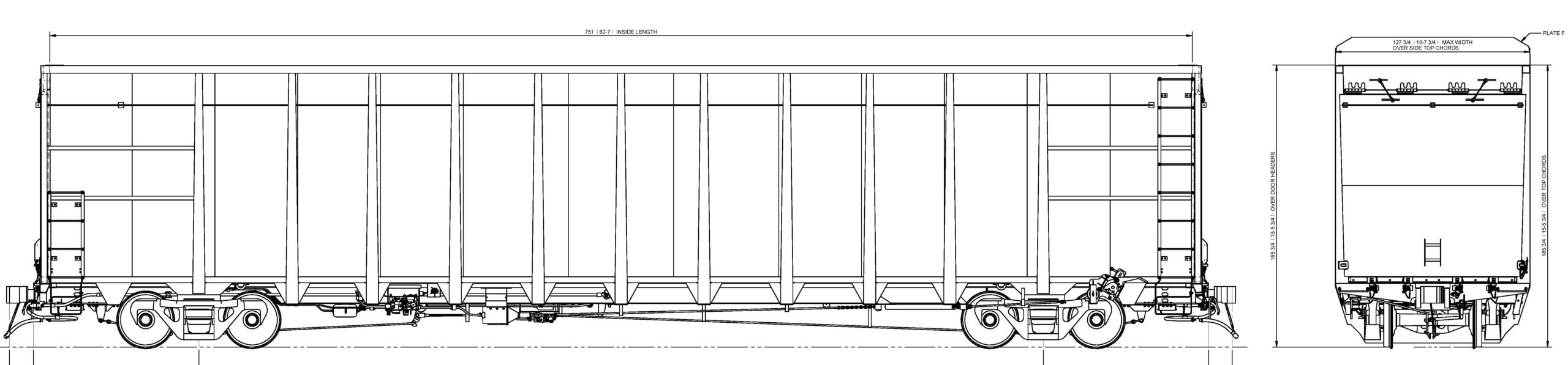 7100 CU. FT. Woodchip Gondola technical drawing.