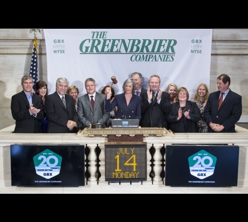 On July 14th, Greenbrier executives visit the New York Stock Exchange (NYSE) to celebrate the 20-year anniversary of listing. To mark the occasion, Director Victoria McManus rings the closing bell.