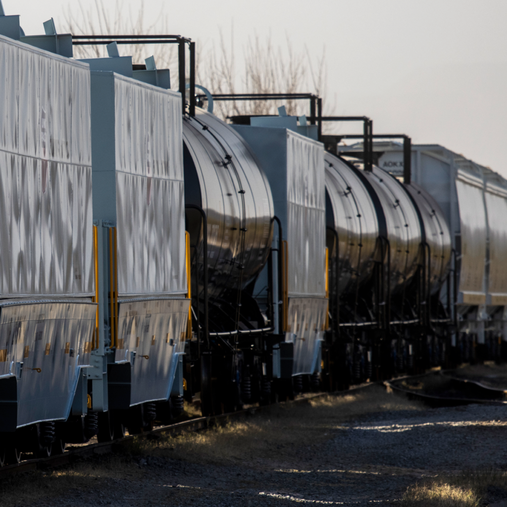 Railcars on tracks.