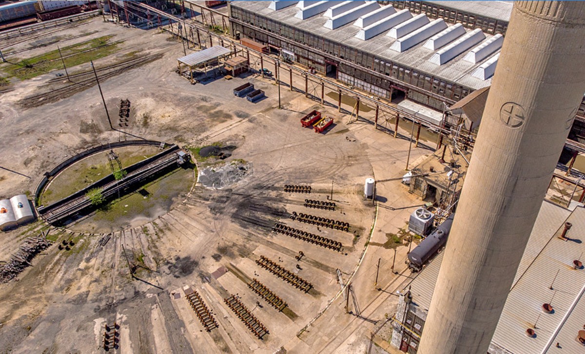 Aerial shot of the transfer table surrounded by railroad tracks