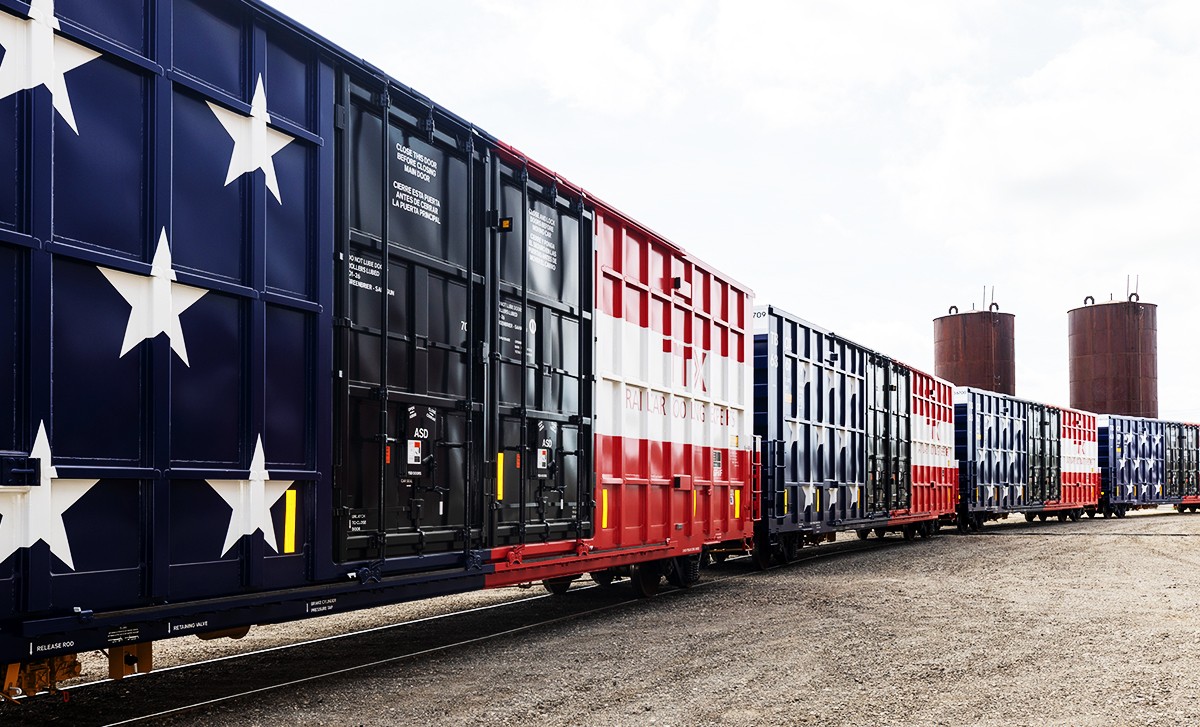 GBX, TTX boxcars painted with red and white stripes with white stars